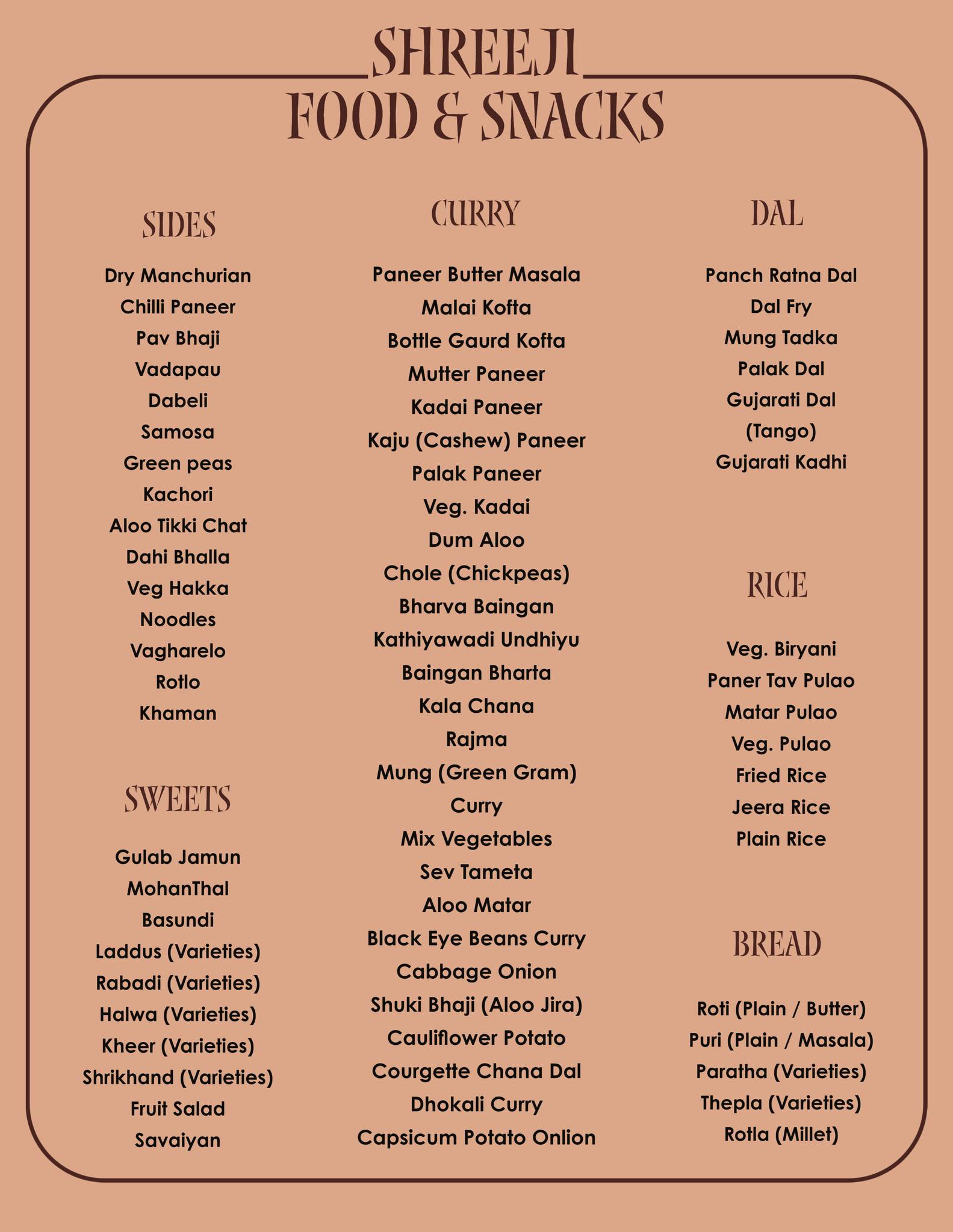 Vegetarian Party Catering Menu - Bulk Orders for Events - Indian Snacks Sweets Curries