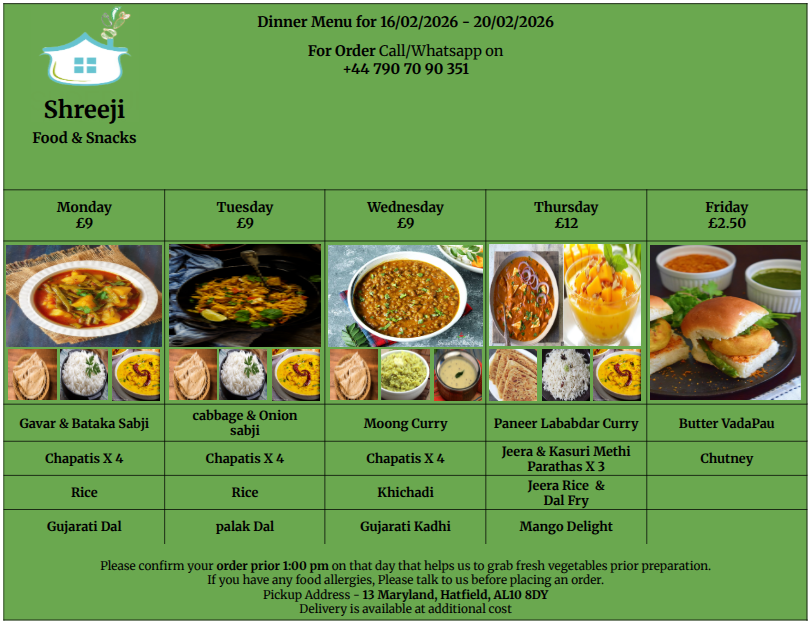 Weekly Vegetarian Menu - Homemade Indian Food Specials - Gujarati Punjabi Indo-Chinese Dishes